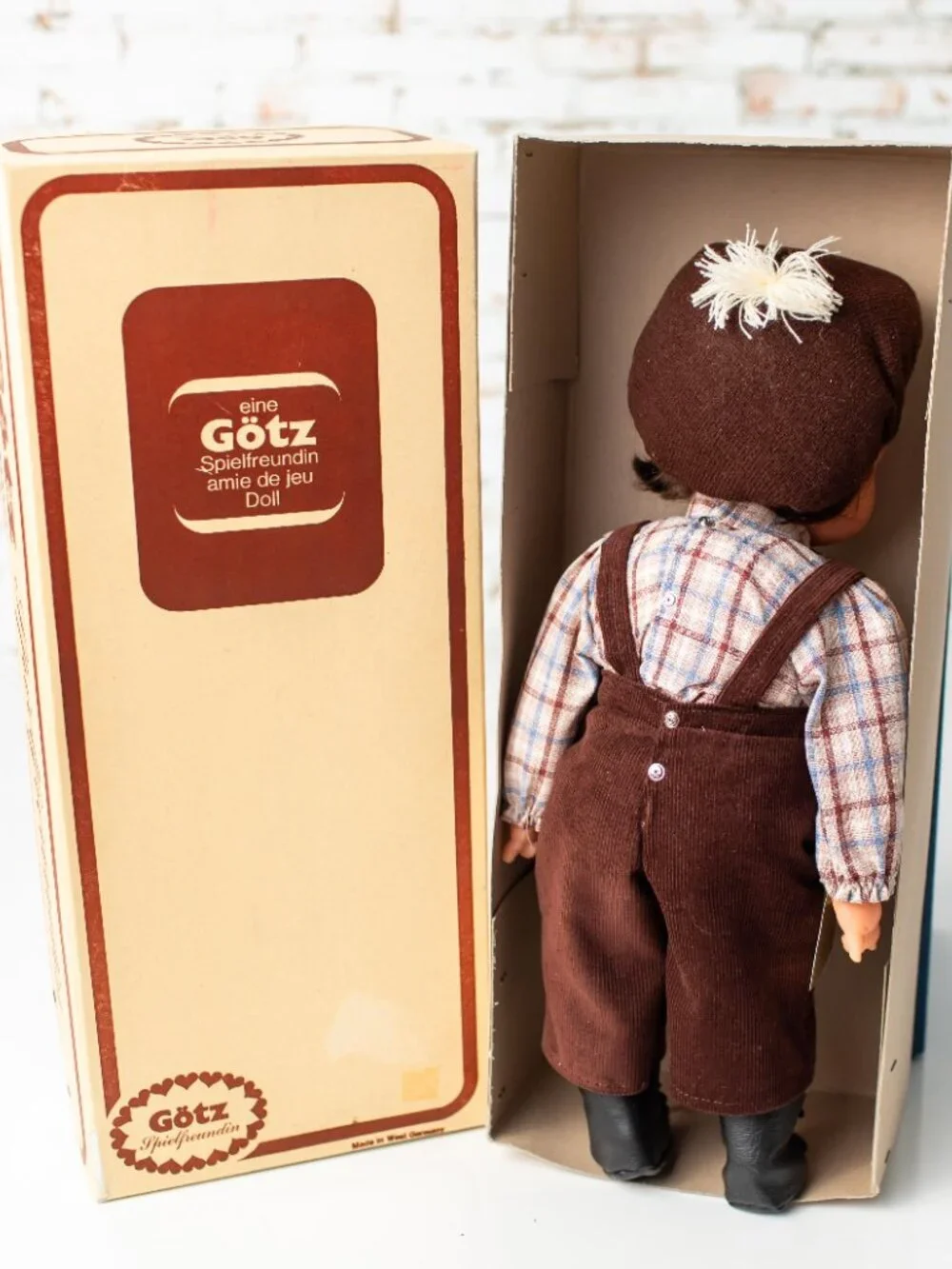 Vintage Götz Weichbaby Doll West Germany Boy Brown Overalls in Box Sleep Eyes
